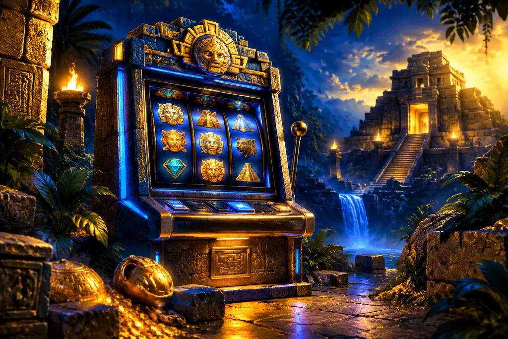 Mesin slot bertema batu dan kuil di tengah hutan