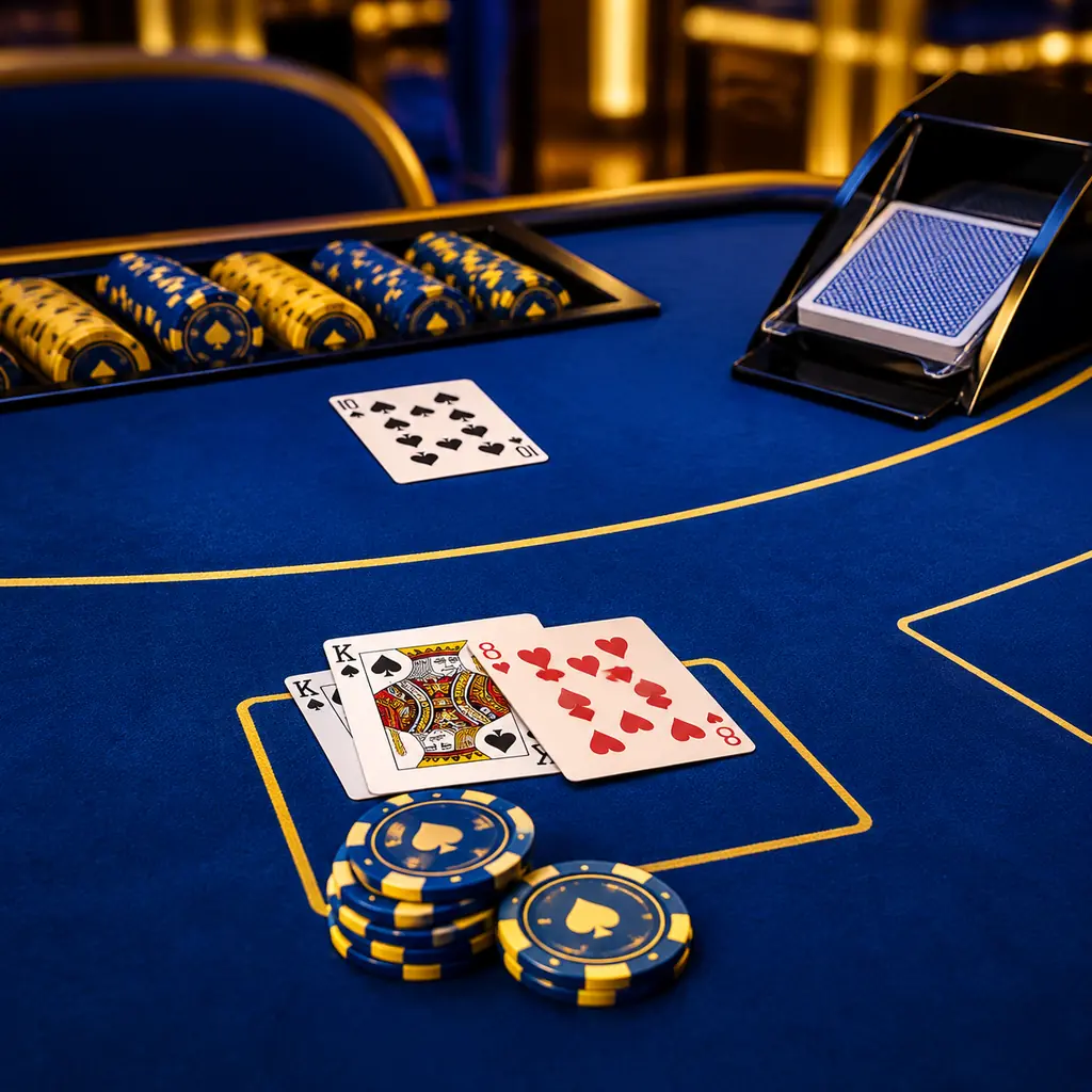 Kartu dan cip pada meja blackjack biru