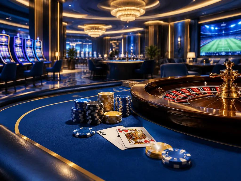 Ruang kasino dengan meja kartu dan roda roulette bernuansa biru kobalt