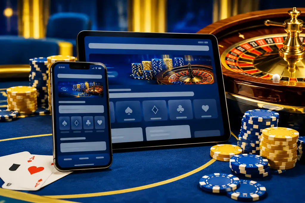 Ponsel dan tablet di samping roda roulette dan cip