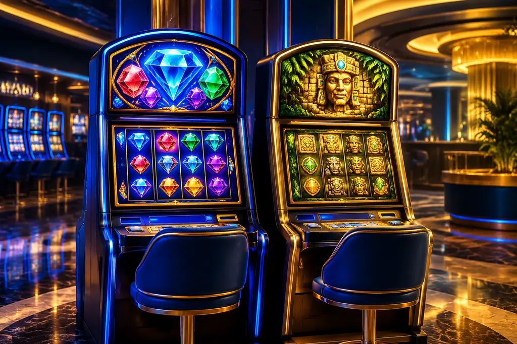 Dua mesin slot dengan tema permata dan batu petualangan