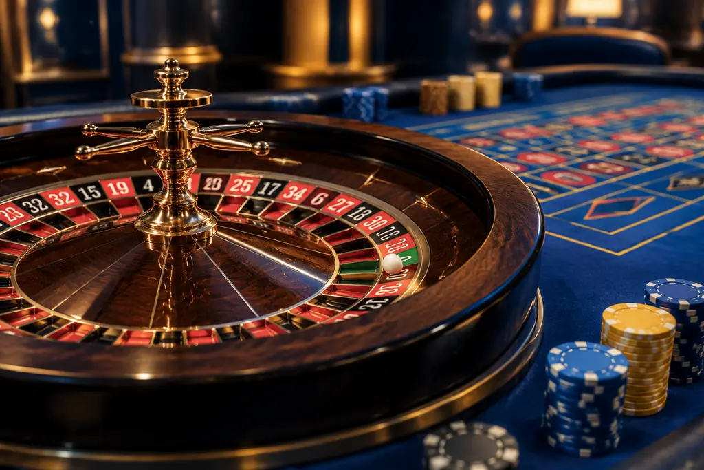 Roda roulette dan bola putih di atas meja kasino