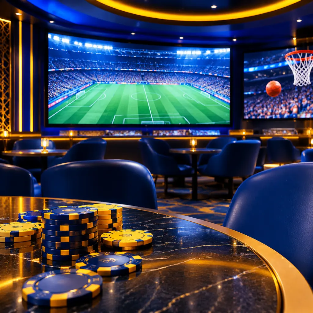 Ruang sportsbook dengan layar sepak bola dan bola basket
